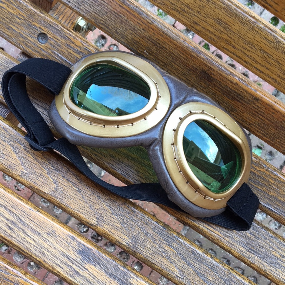 Elope gold aviation goggles costume faux brown leather green tinted plastic lens